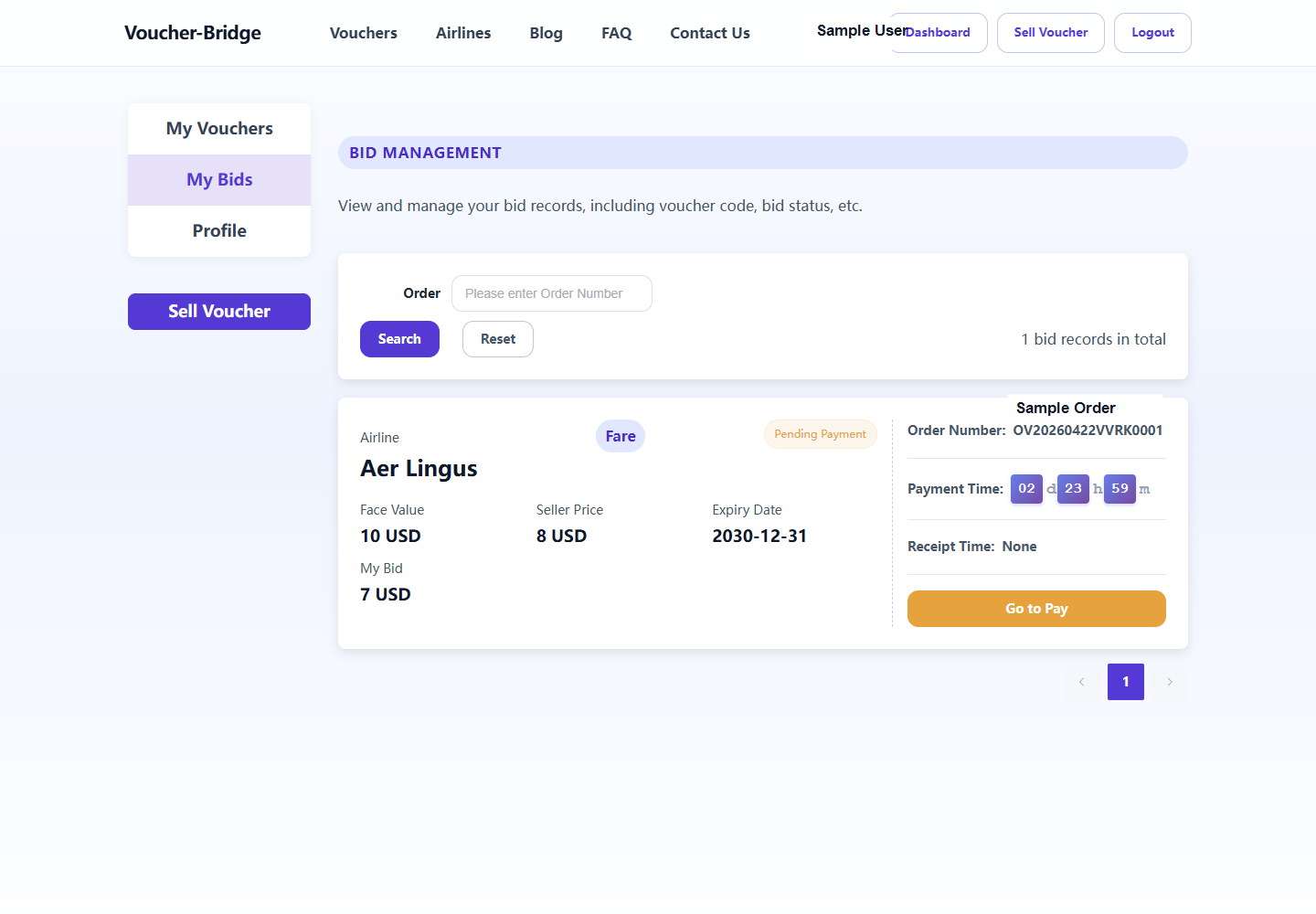 Voucher Bridge My Bids page