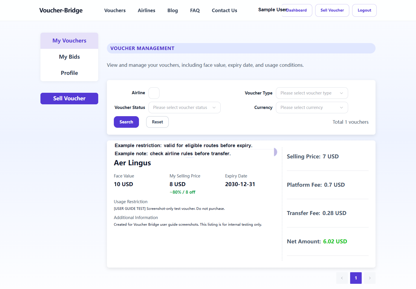 Voucher Bridge My Vouchers page
