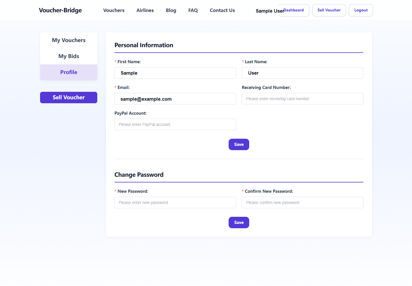 Voucher Bridge Profile page